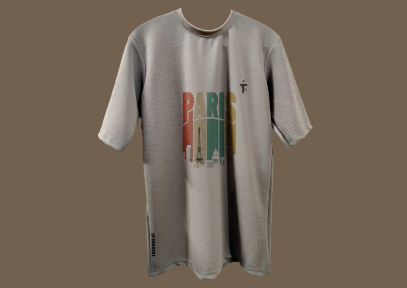 Front view of Paris word printed grey Trisholic t-shirt on hanger