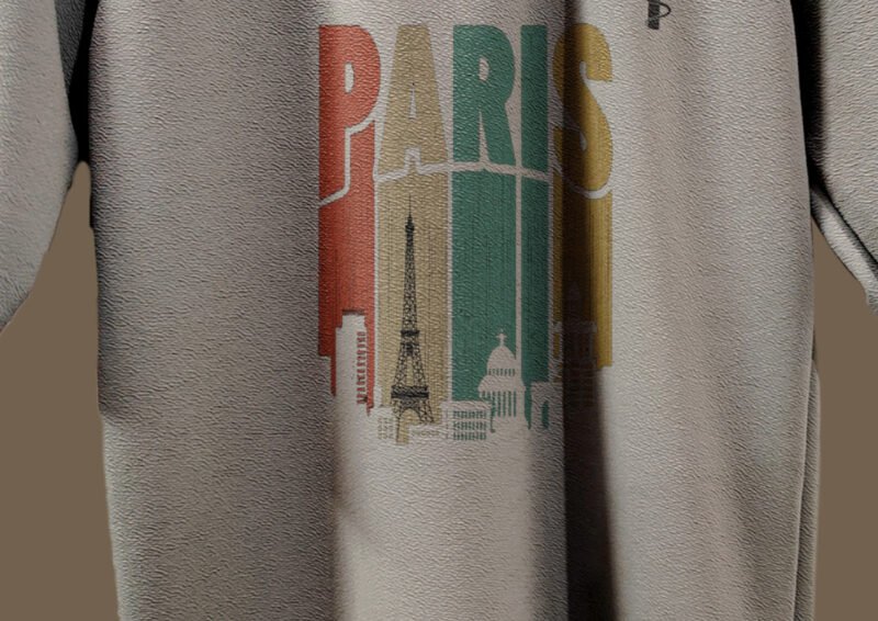Close-up of Paris print on grey t-shirt by Trisholic