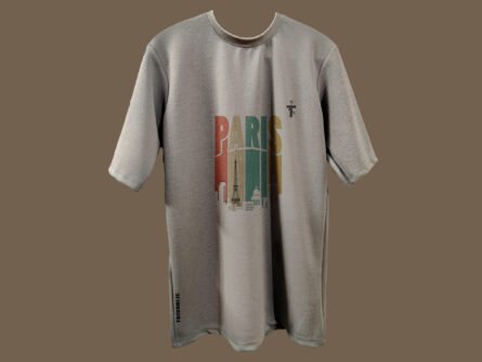 Front view of Paris word printed grey Trisholic t-shirt on hanger