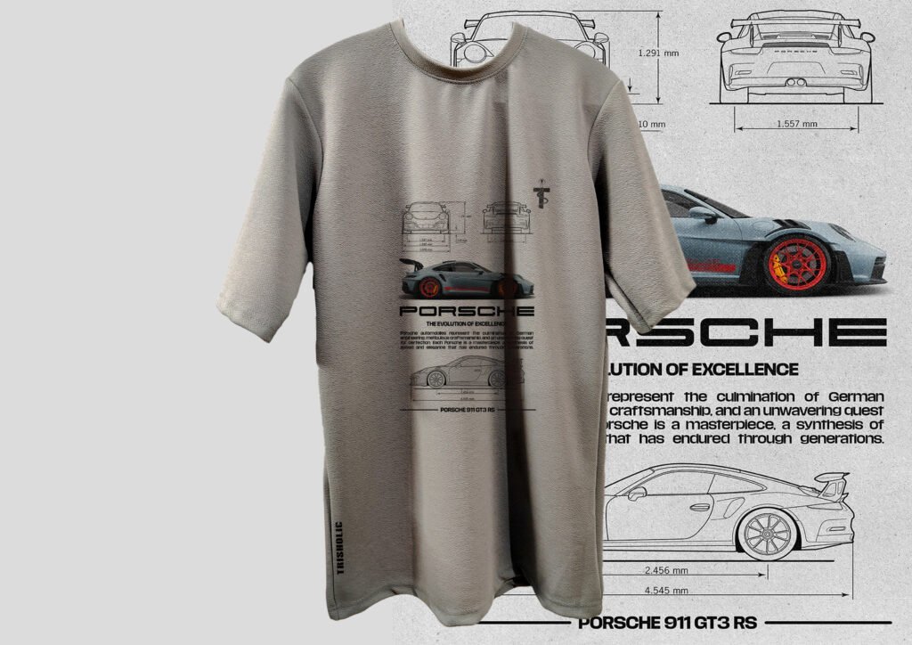 Male and female models in Porsche GT3 RS printed t-shirt
