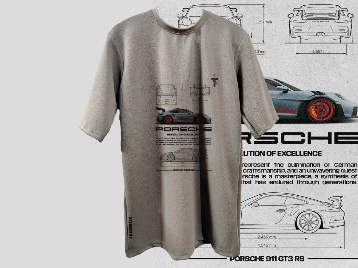 Male and female models in Porsche GT3 RS printed t-shirt