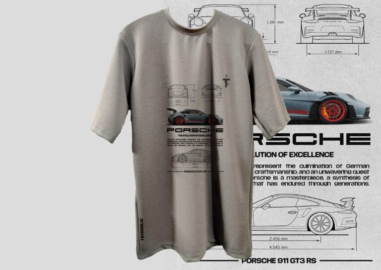 Male and female models in Porsche GT3 RS printed t-shirt