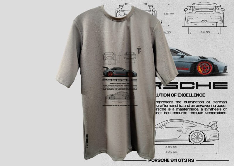 Male and female models in Porsche GT3 RS printed t-shirt