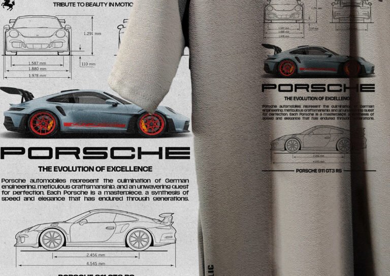 Close-up of Porsche GT3 RS print on grey t-shirt