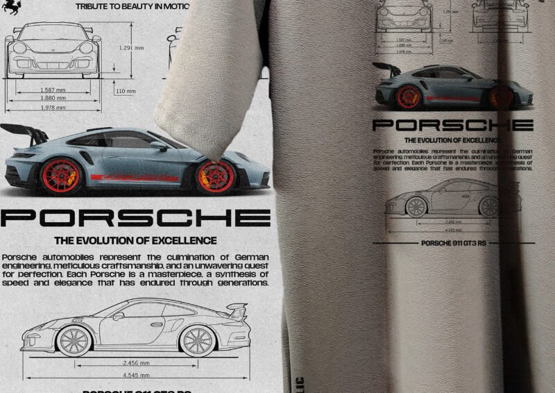 Close-up of Porsche GT3 RS print on grey t-shirt