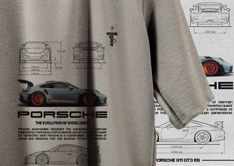 Model wearing Porsche design Trisholic tee in side view