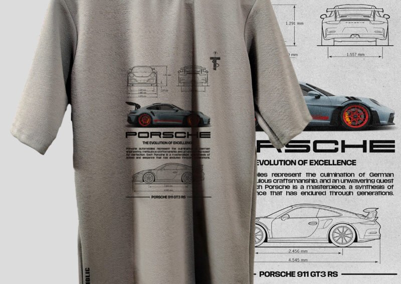 Front view of grey Porsche GT3 RS printed Trisholic t-shirt on hanger