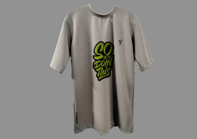 Front view of So We Are Doing This quote printed grey Trisholic T-shirt on hanger