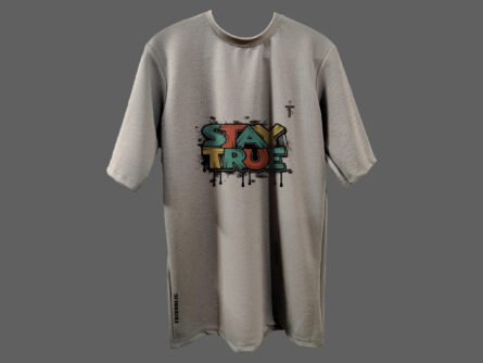 Side and back view of Trisholic Stay True grey tee