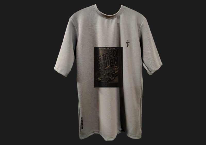 Side profile showing the drop shoulder cut of the grey tee