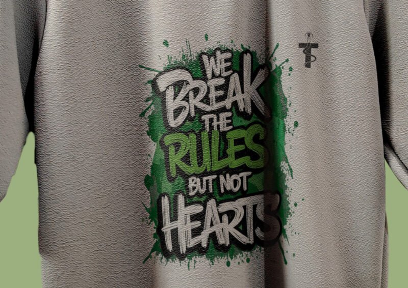 Front-facing grey tee with “We Break The Rules” print