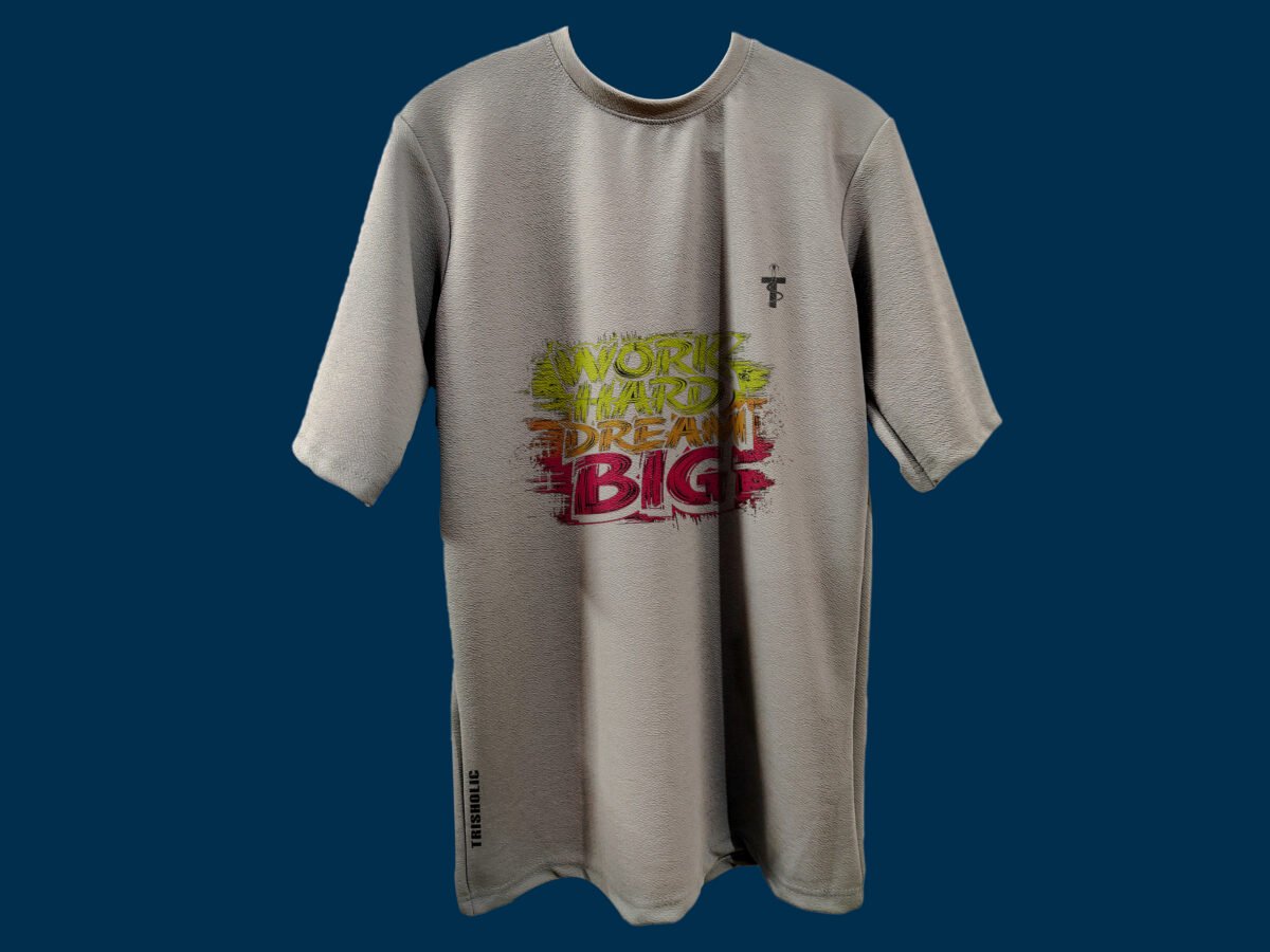 Rear view of Trisholic Work Hard grey tee