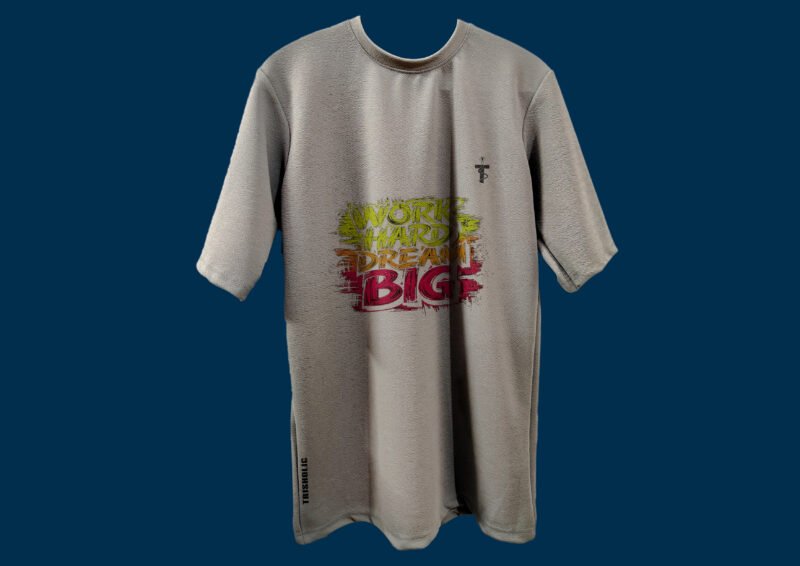 Rear view of Trisholic Work Hard grey tee