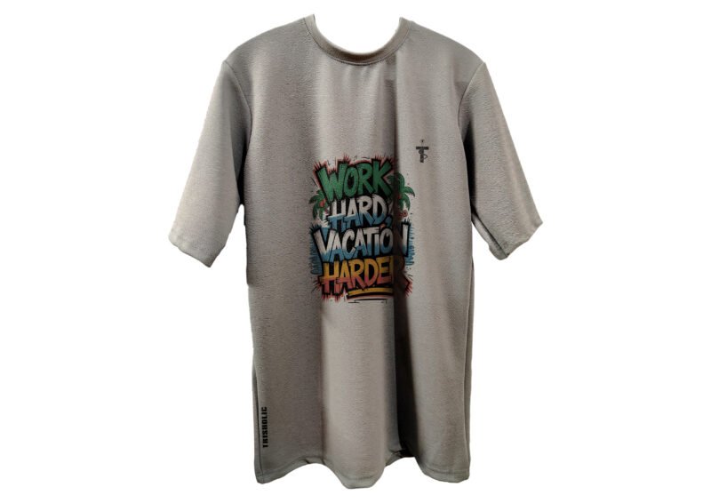 Model in beachwear pairing grey quote tee with shorts