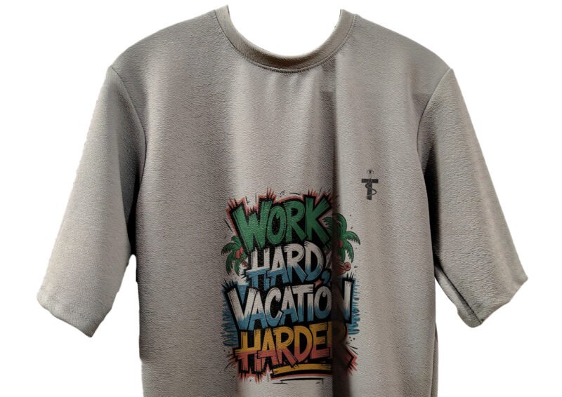 Side angle of grey drop shoulder tee with quote print