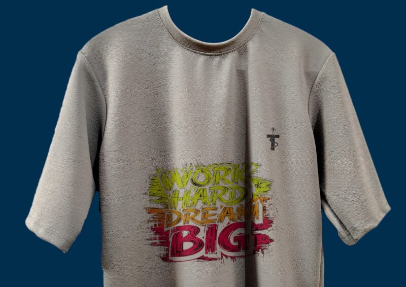 Side profile of Work Hard printed tee with drop shoulder cut