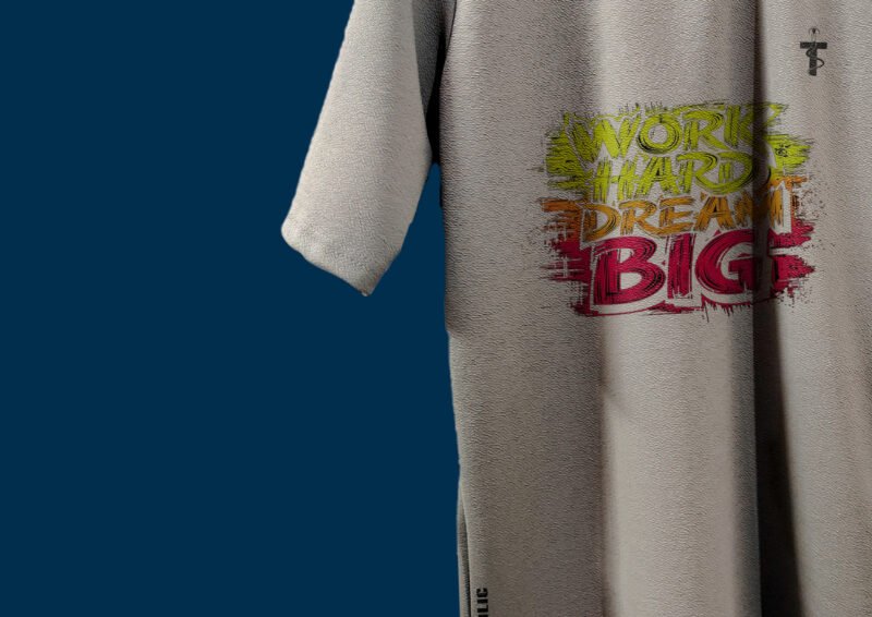 Grey oversized tee with “Work Hard” quote on front
