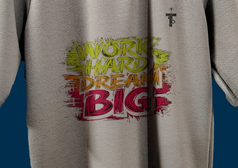 Close-up of Work Hard print and cotton texture
