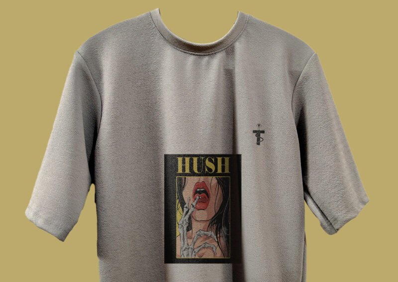 Model wearing Hush printed t-shirt