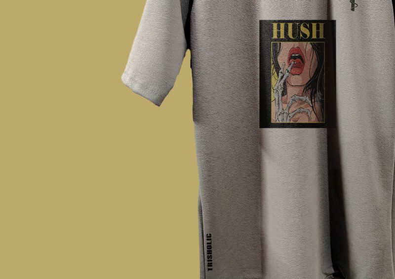Flat lay of Hush quote t-shirt