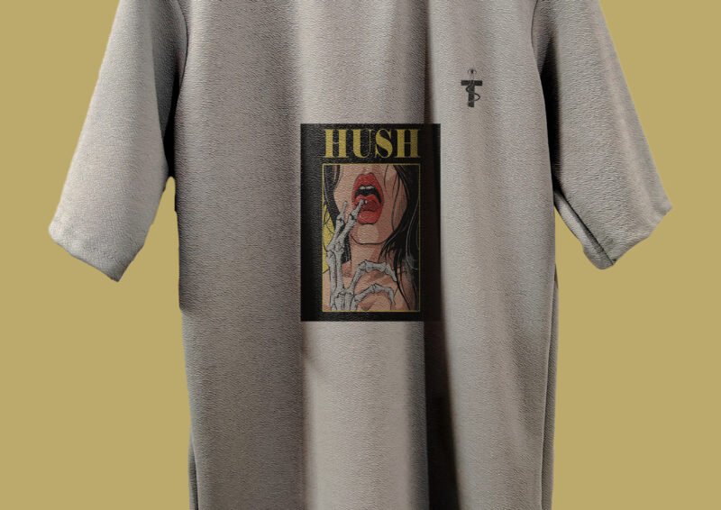 Close-up of Hush printed quote