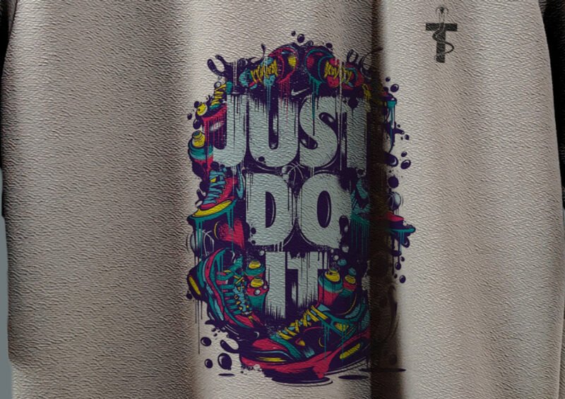 Close-up of Just Do It graphic print on Trisholic t-shirt
