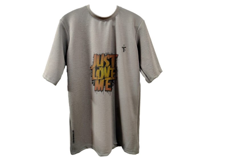Back view of grey Just Love Me t-shirt