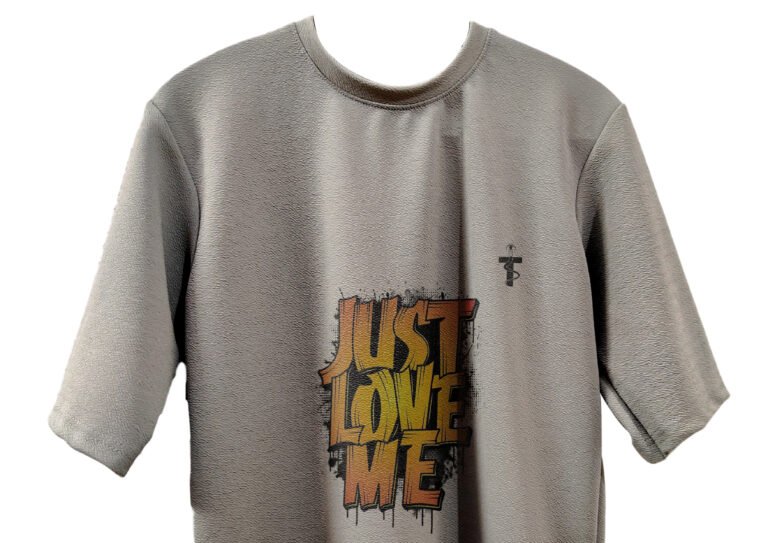 Model wearing Just Love Me quote t-shirt