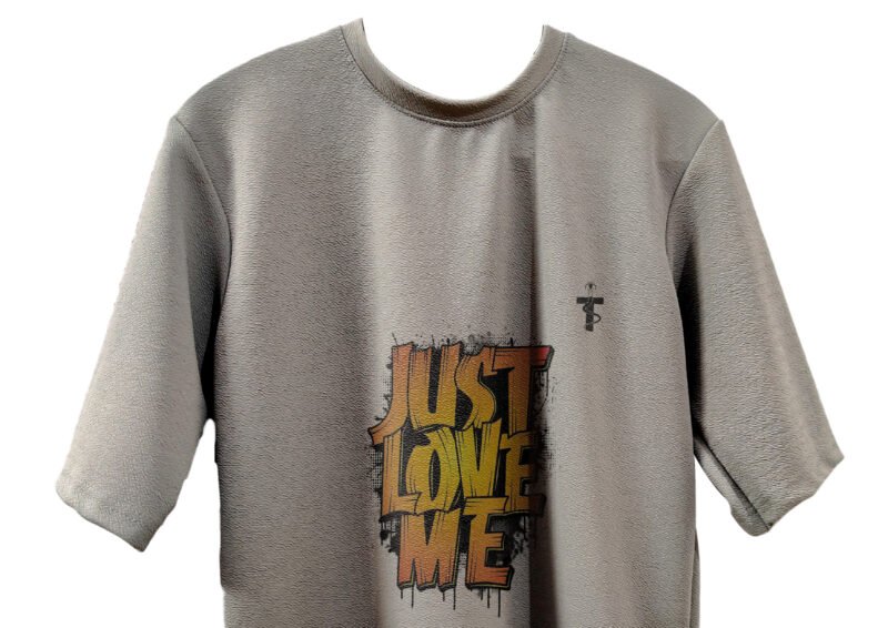 Model wearing Just Love Me quote t-shirt