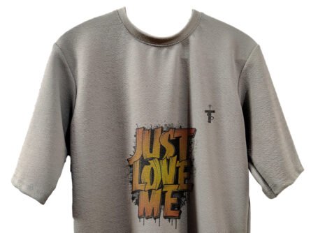 Model wearing Just Love Me quote t-shirt