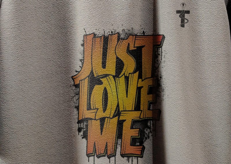 Flat lay of Just Love Me printed t-shirt
