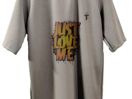 Close-up of Just Love Me print on tee