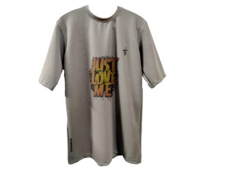 Back view of grey Just Love Me t-shirt