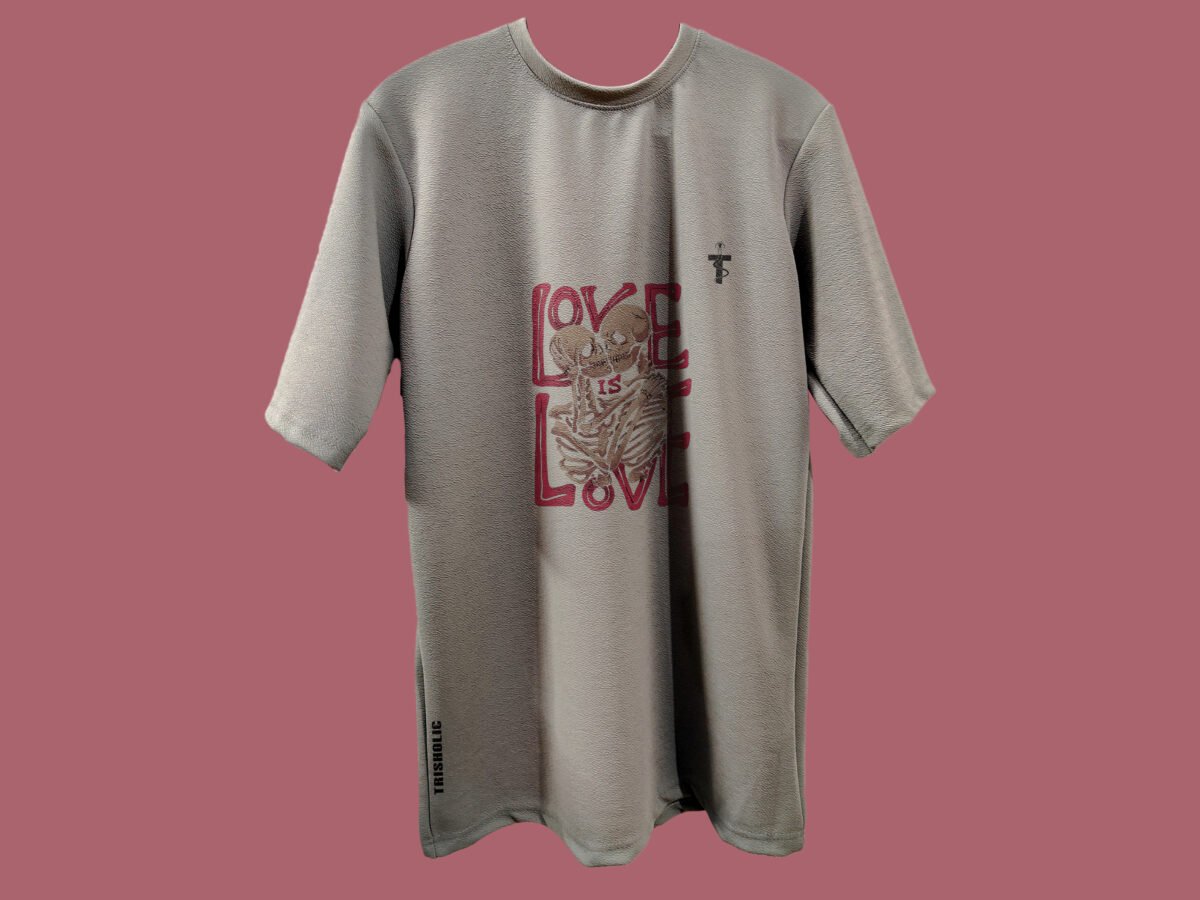 Back view of grey oversized tee with love quote