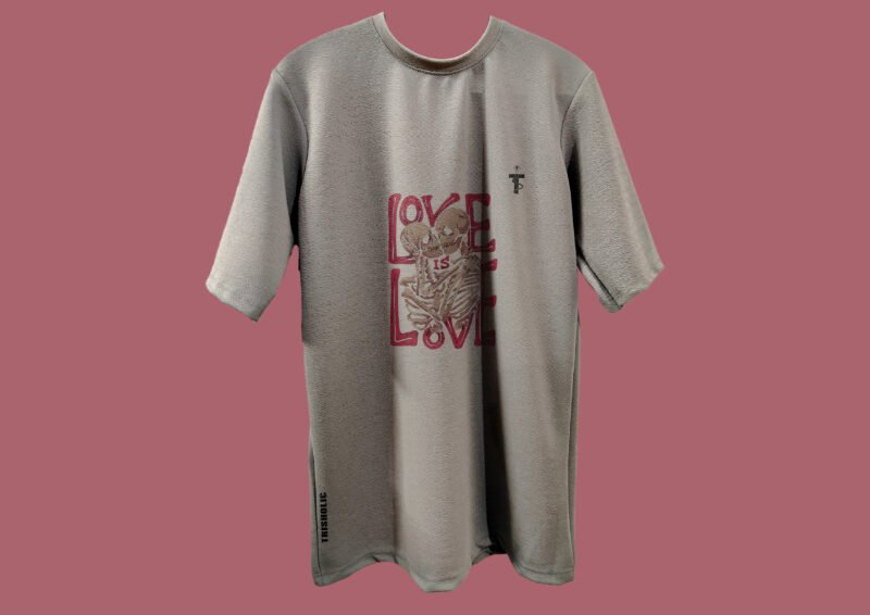 Back view of grey oversized tee with love quote