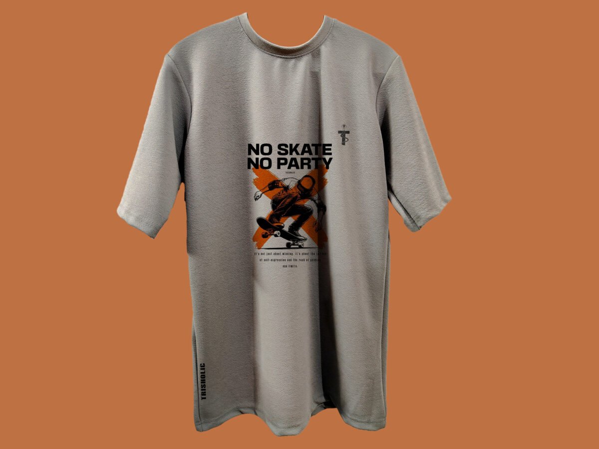 Rear view of drop shoulder t-shirt with skate quote
