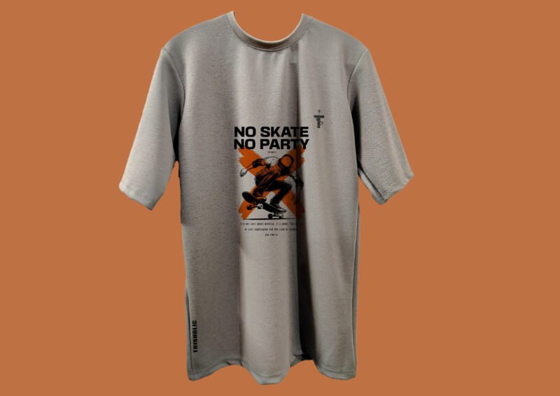 Rear view of drop shoulder t-shirt with skate quote