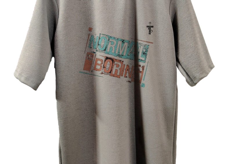 Back of grey oversized t-shirt with quote