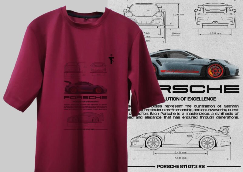 Close-up Porsche graphic on elegant red fabric