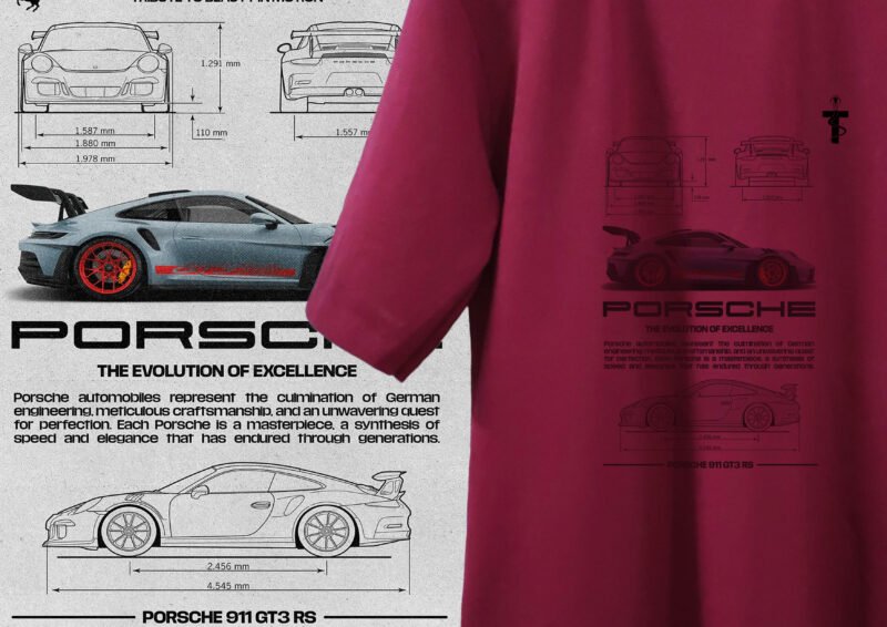 Side profile model wearing red GT3 RS shirt