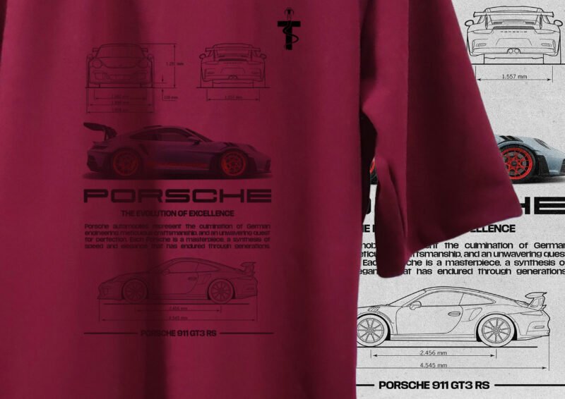 Elegant red Porsche GT3 RS t-shirt front view on hanger