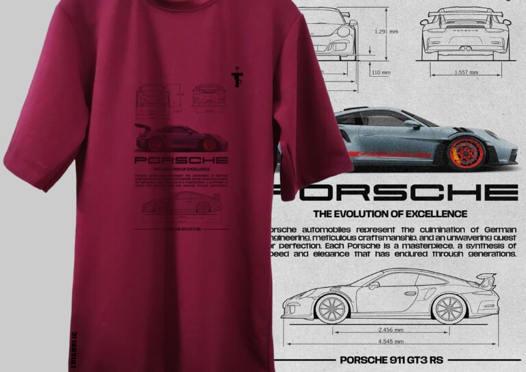 Two models wearing red Porsche tees on street