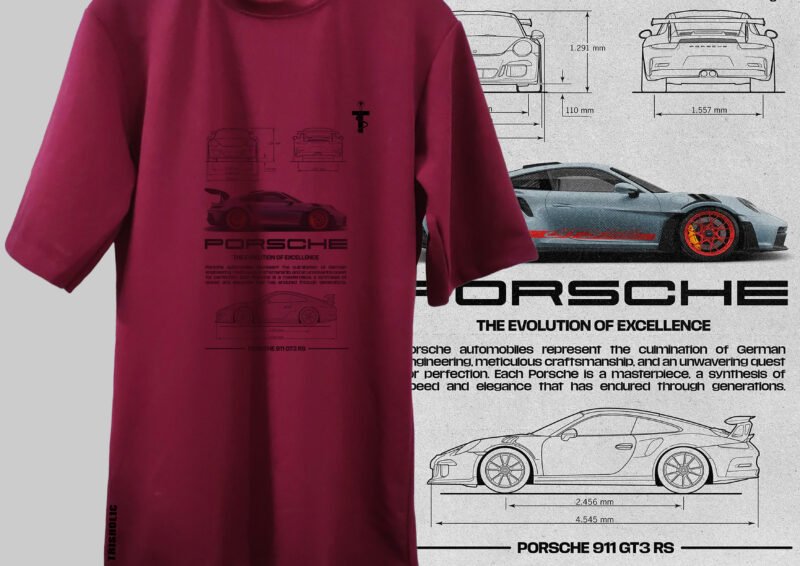 Two models wearing red Porsche tees on street
