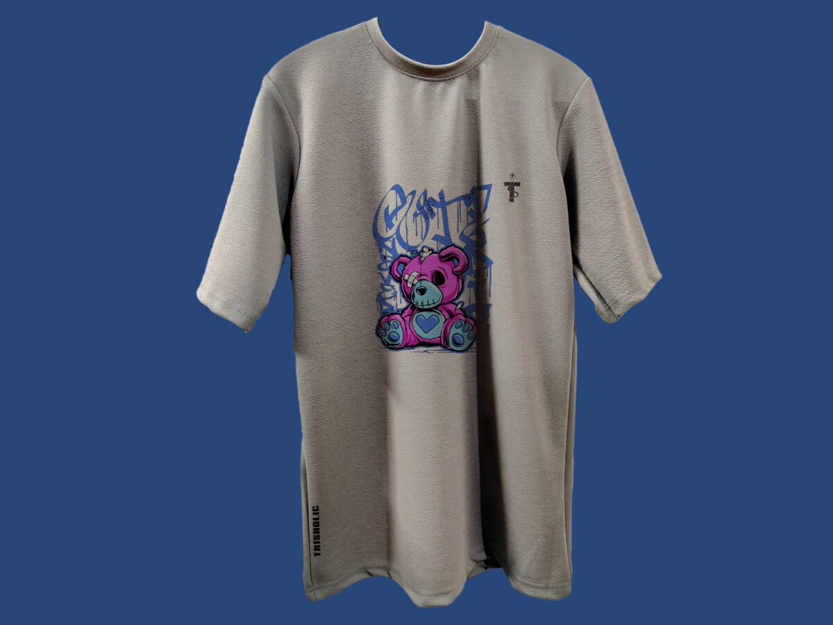 Back view of Trisholic oversized teddy bear tee in grey Lycra