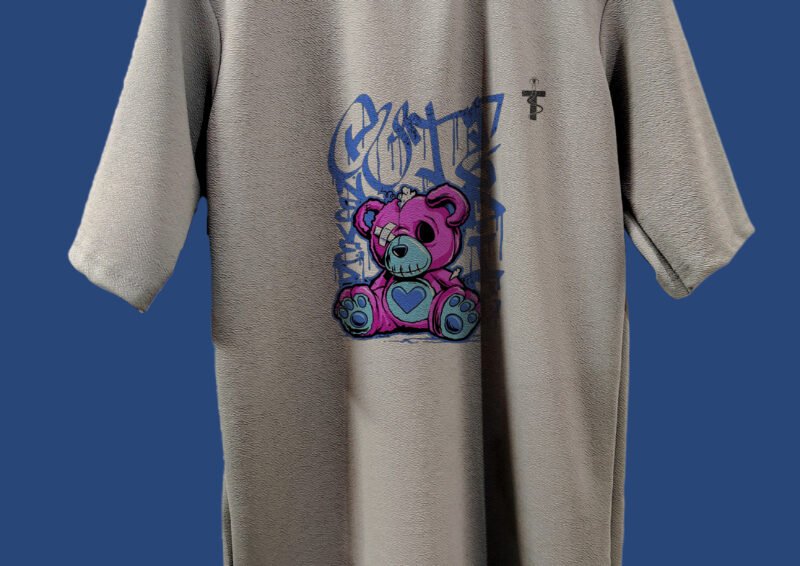 Model wearing Trisholic oversized grey teddy bear printed tee front view