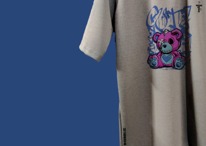 Streetwear outfit with Trisholic teddy bear tee, sneakers, and cap