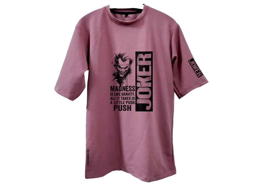 back view of pastel joker art, cotton candy graffiti tee, joker screen print, joker quote shirt, drop shoulder oversized, cinematic streetwear, soft color fashion