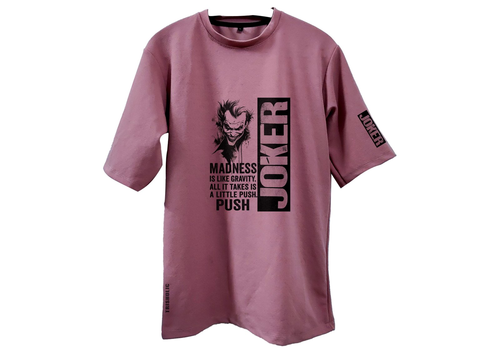 back view of pastel joker art, cotton candy graffiti tee, joker screen print, joker quote shirt, drop shoulder oversized, cinematic streetwear, soft color fashion