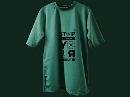 Front View of Green Drop Shoulder T-Shirt on Model