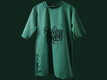 Front View of Green Drop Shoulder T-Shirt on Model